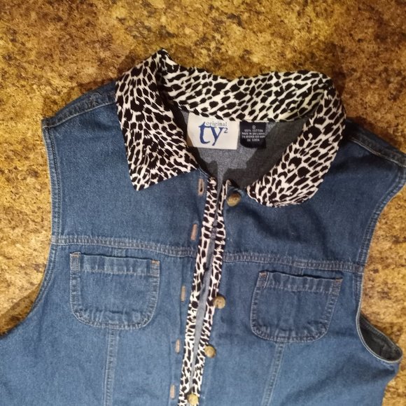 Denim Blue Vest with Leopard Print Collar, S, Sri - Picture 2 of 12